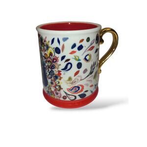 Anthropologie Peacock Mug Deer Boho Gold Handle art by Starla Halfmann Red White